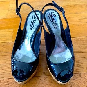 Gucci Black Patent Leather & Wicker Platform Wedge